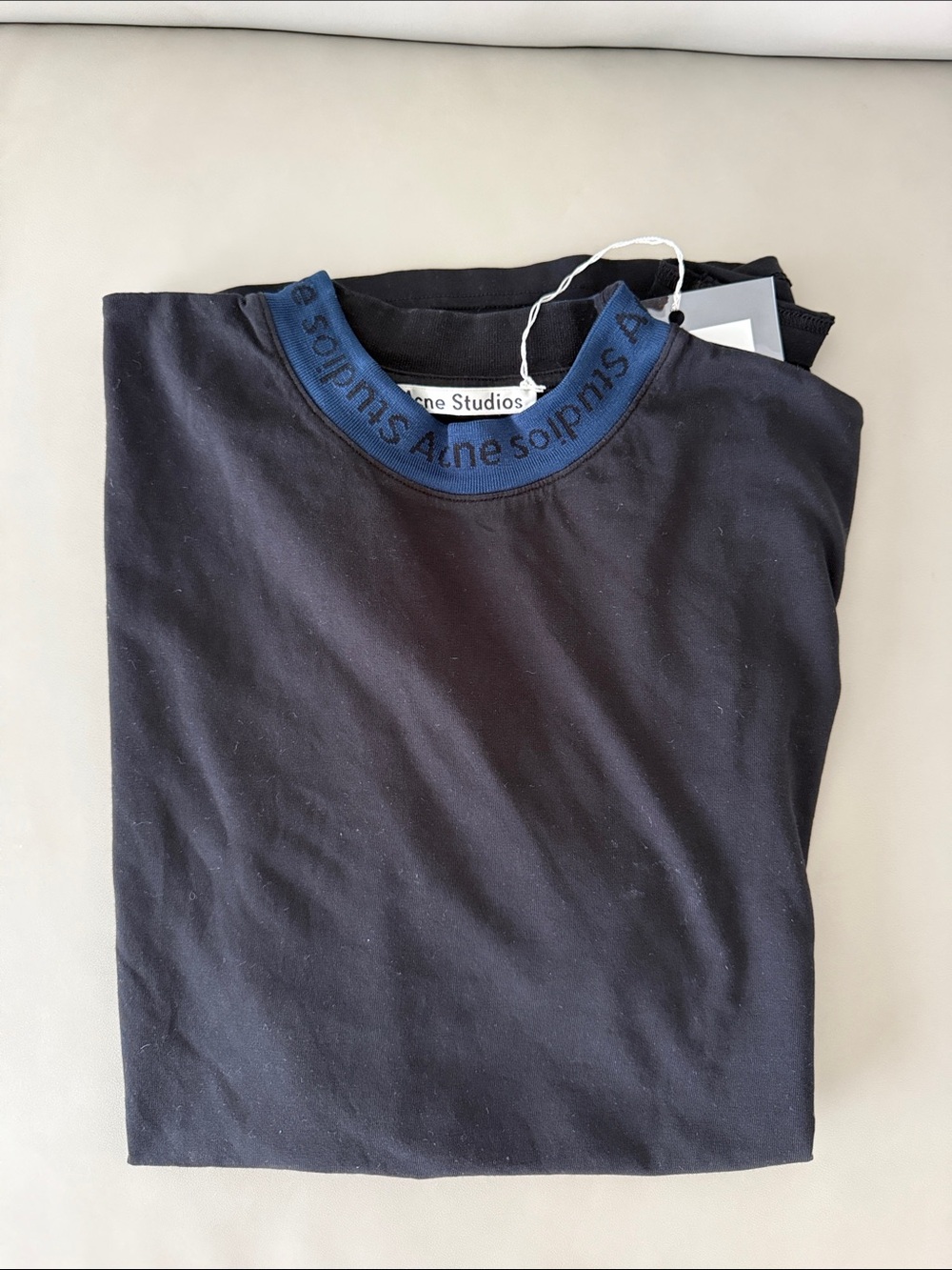 Acne Black Short-Sleeve mock neck T-Shirt with Navy Logo Collar